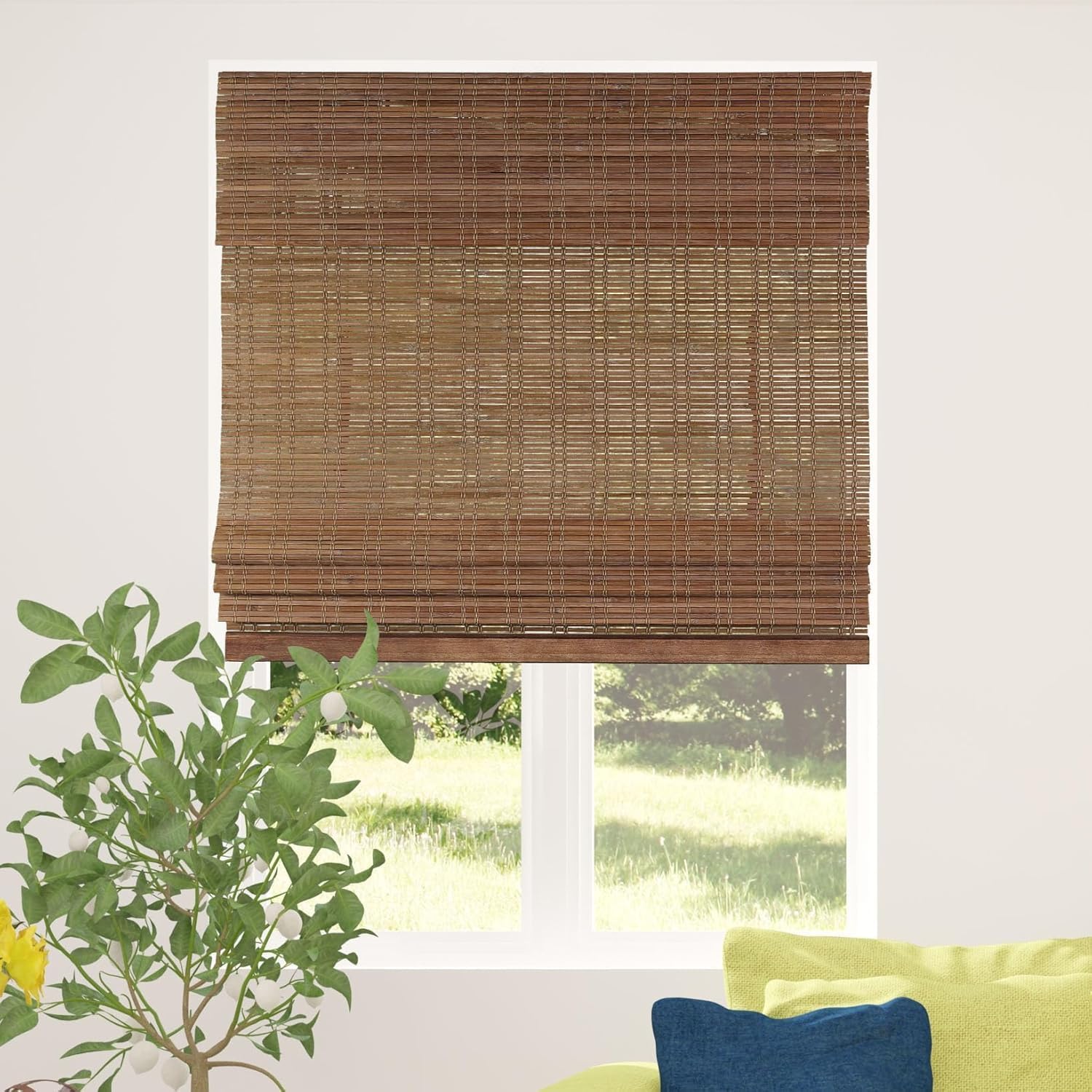 CALYX INTERIORS Cordless Bamboo Roman Shade Blind, Ceylon Chestnut
