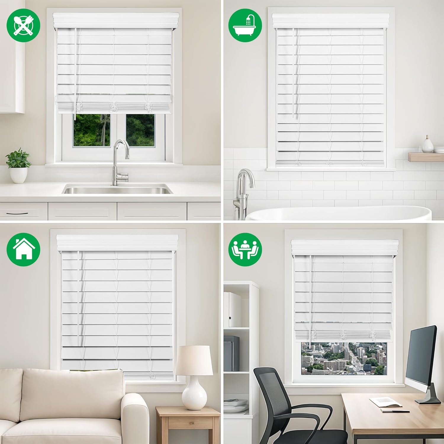 Calyx Interiors 2.5-Inch Cordless Faux Wood Blinds, White Room Darkening No-Holes Window Blinds for Indoor Windows