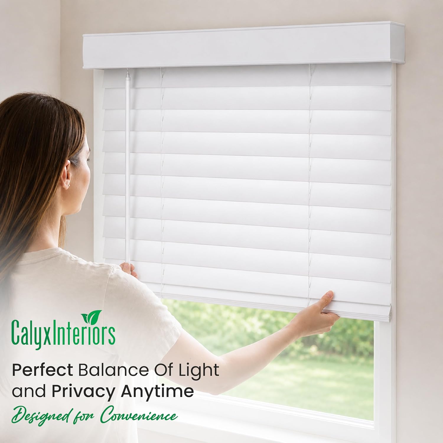 CALYX INTERIORS 2 Inch Faux Wood Blinds with Classic Valance, Pure White 36 inch and 48 inch length