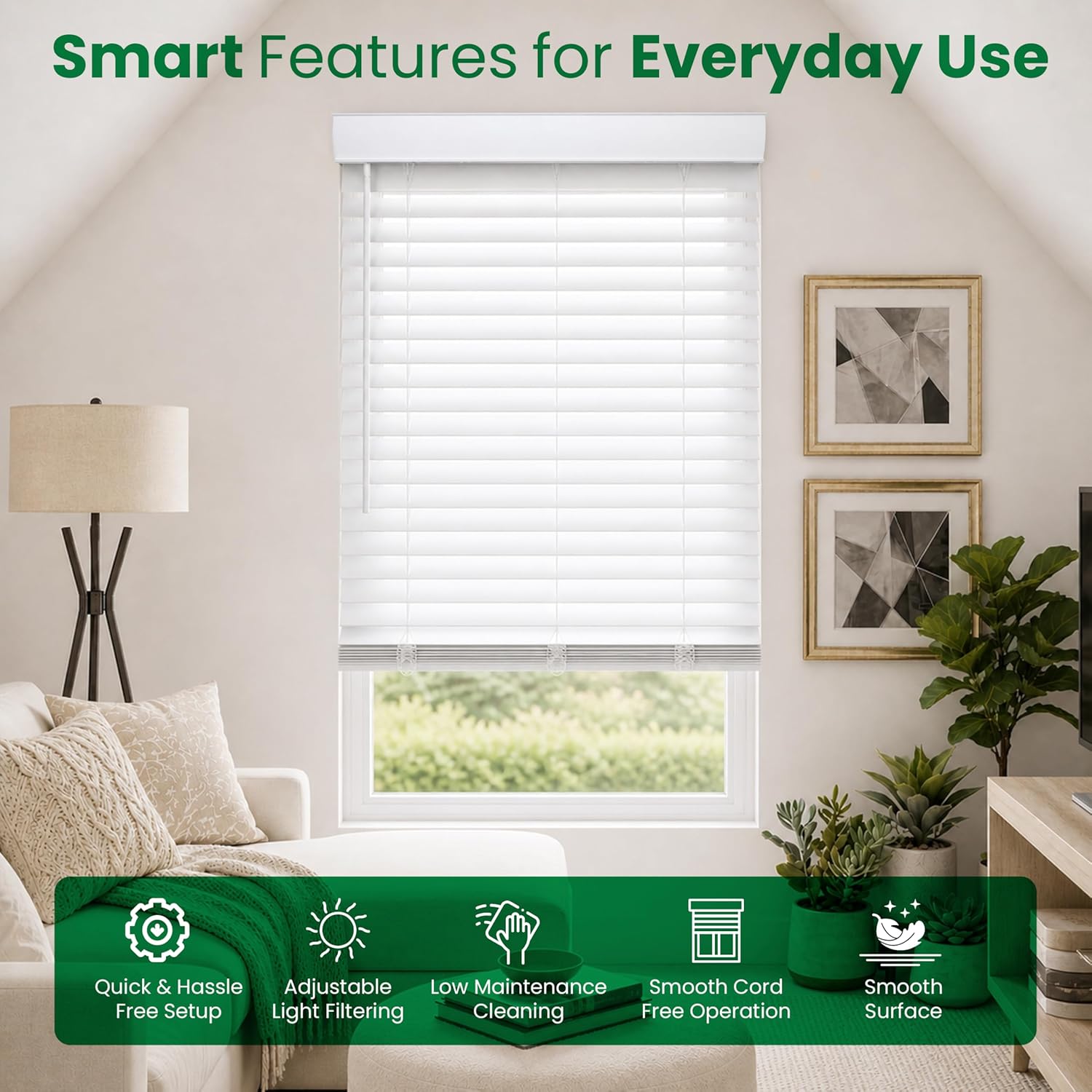 CALYX INTERIORS 2 Inch Faux Wood Blinds with Classic Valance, Pure White 36 inch and 48 inch length