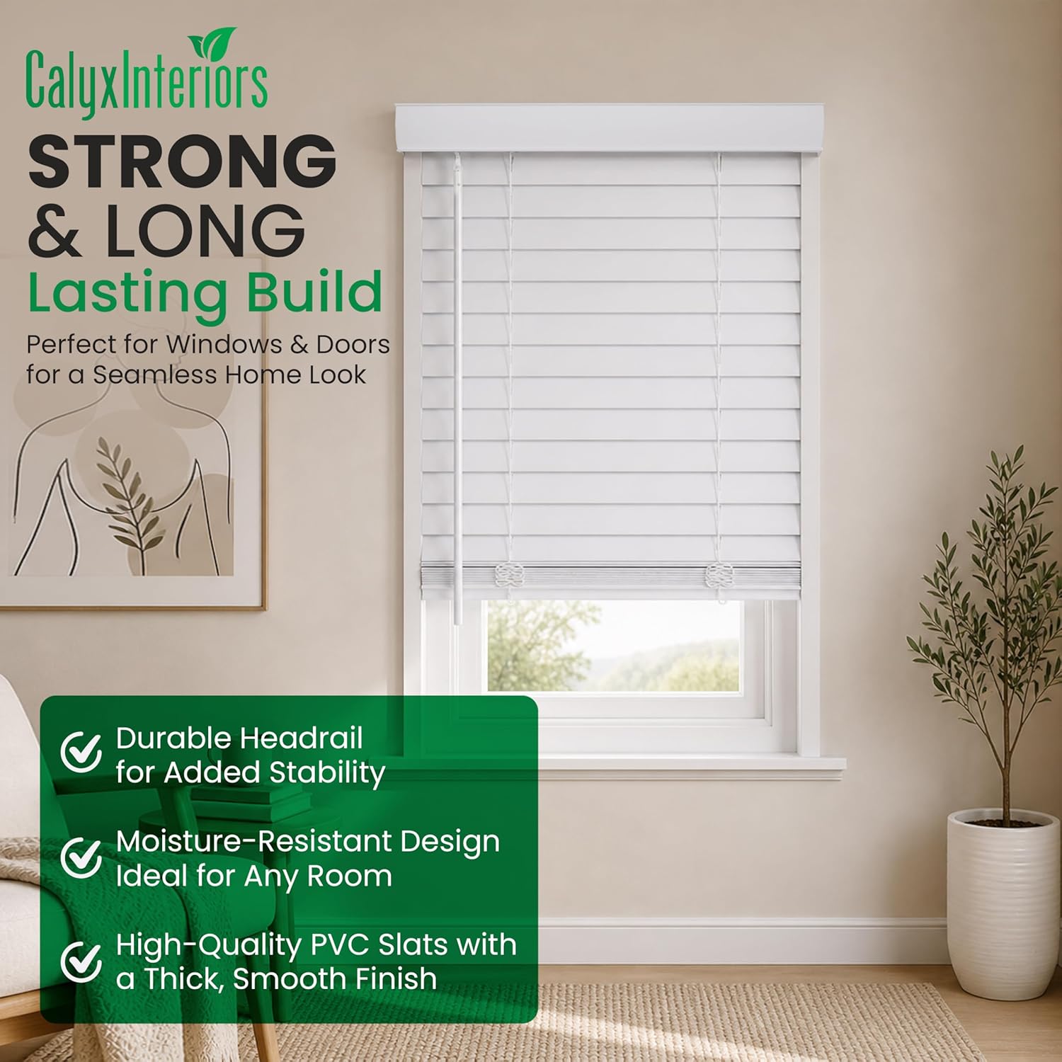 CALYX INTERIORS 2 Inch Faux Wood Blinds with Classic Valance, Pure White 36 inch and 48 inch length