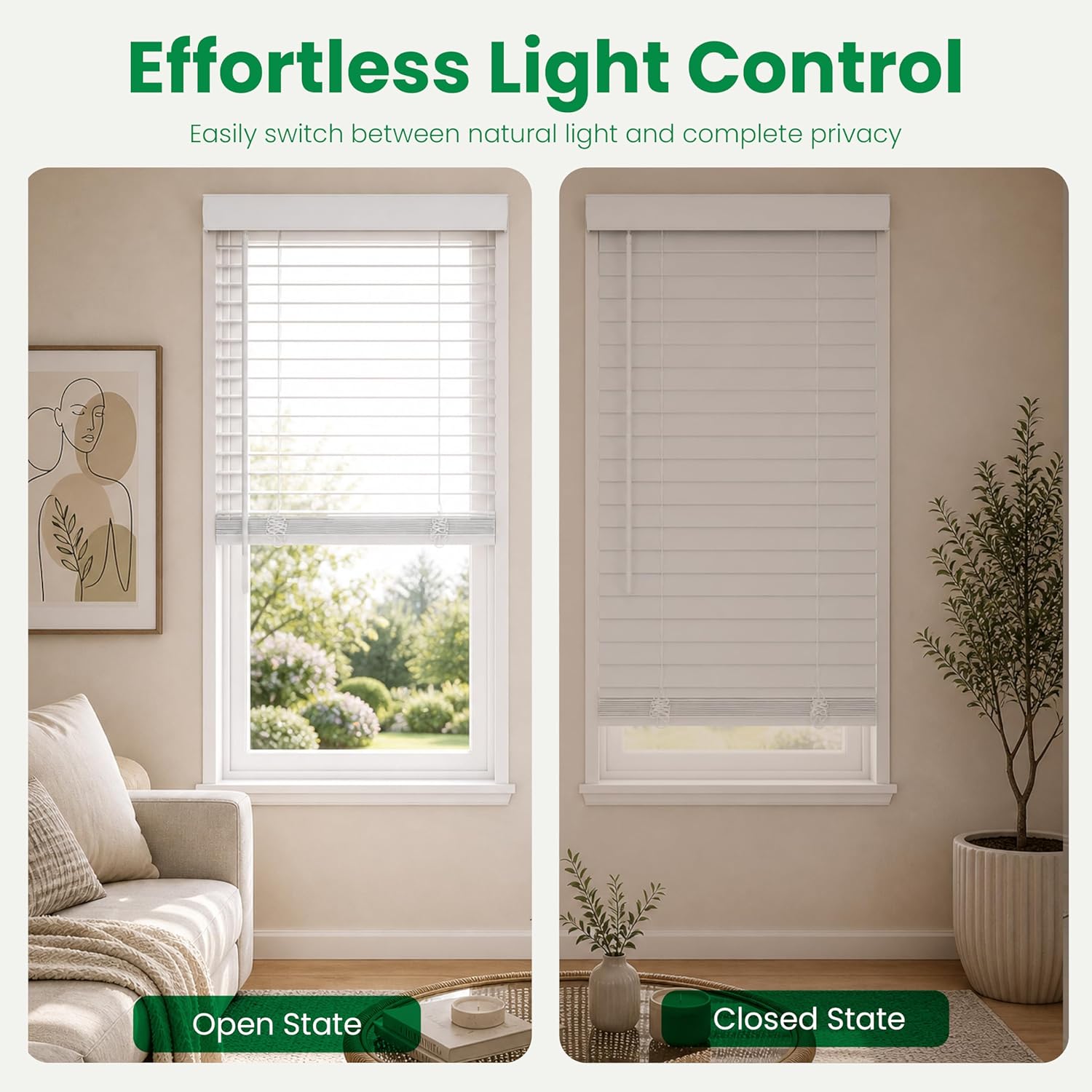 CALYX INTERIORS 2 Inch Faux Wood Blinds with Classic Valance, Pure White 36 inch and 48 inch length