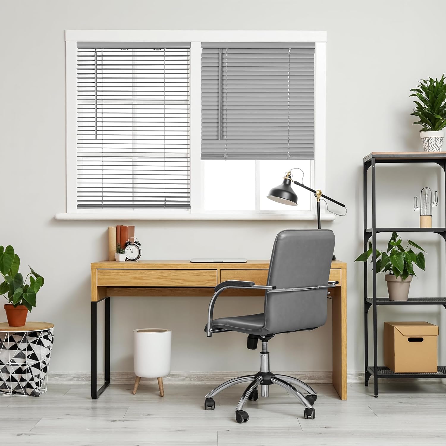 CALYX INTERIORS Room Darkening Vinyl Mini Blinds, Light Gray