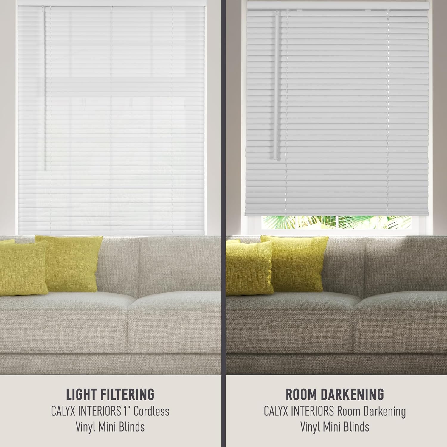 CALYX INTERIORS Room Darkening Vinyl Mini Blinds, Light Gray