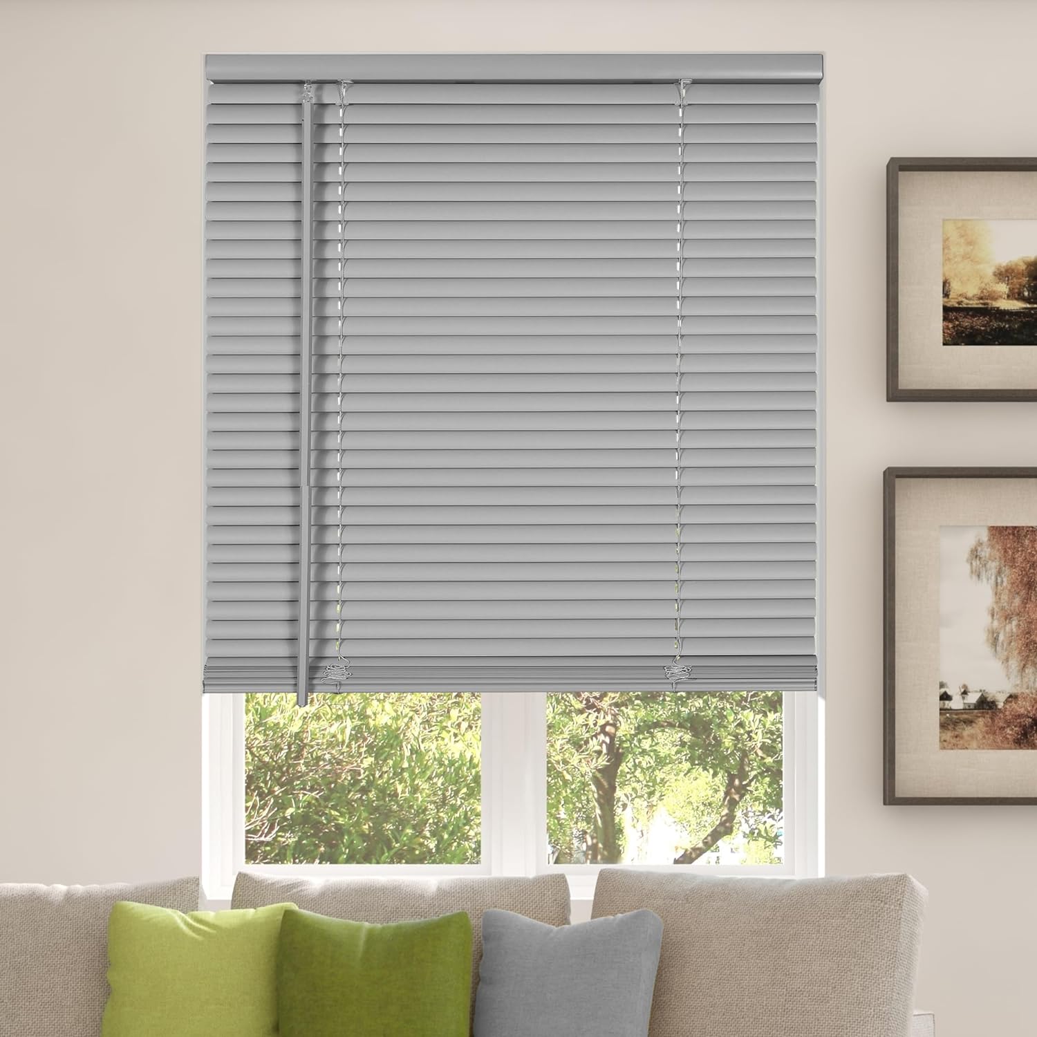 CALYX INTERIORS Room Darkening Vinyl Mini Blinds, Light Gray