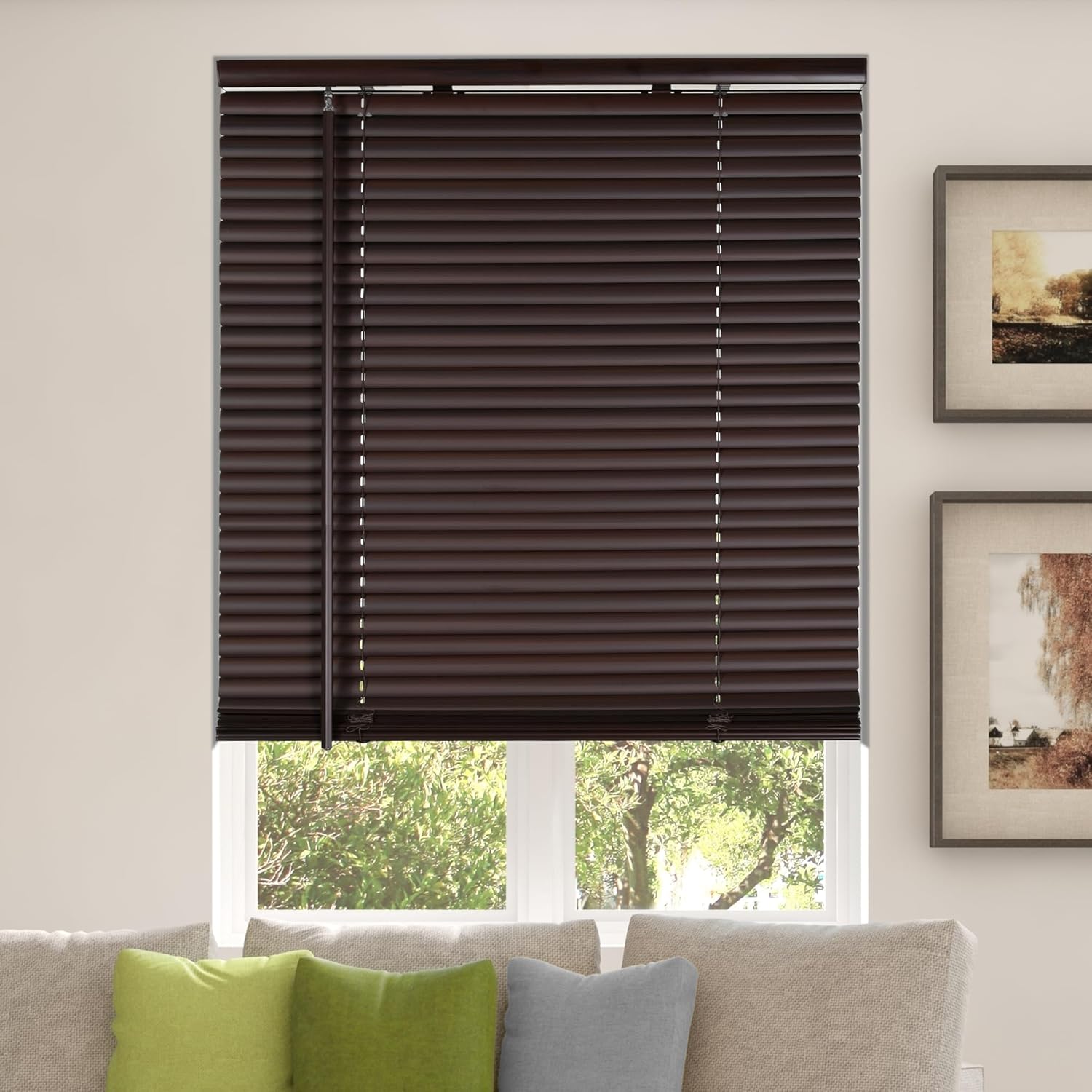 CALYX INTERIORS Room Darkening Vinyl Mini Blinds, Mahogany